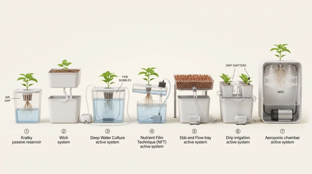 Clean scientific overview of Kratky, wick, DWC, NFT, ebb and flow, drip and aeroponic hydroponic systems