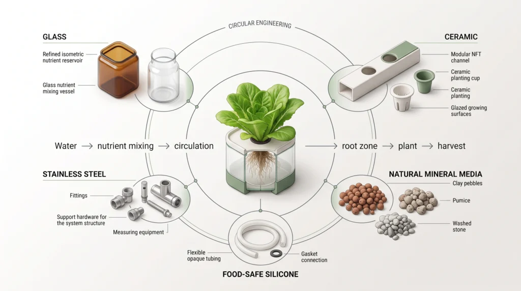 Complete hydroponic material flow diagram showing how glass, ceramic, silicone, stainless steel and natural growing media create a low-polymer-contact growing system