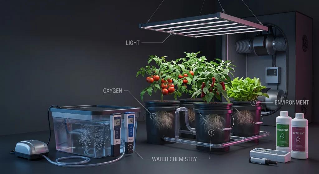No-BS Hydroponic Gear Guide: What Actually Works for Tomatoes, Peppers, and Greens 16 Reliable hydroponic system with LED grow light DWC aeration pH EC monitoring and nutrient control