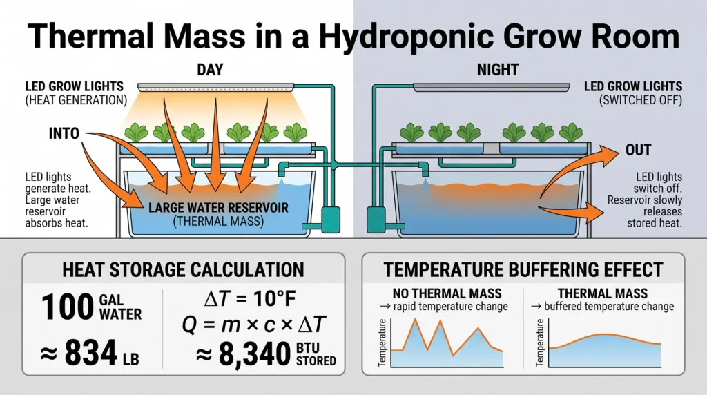 Infographic showing a hydroponic water reservoir absorbing heat during the day and releasing it at night