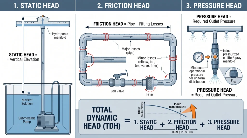 Hydroponic Pump Sizing: Calculating True GPH and Head Loss 1 Total dynamic head diagram showing static head, friction head and pressure head in a hydroponic system