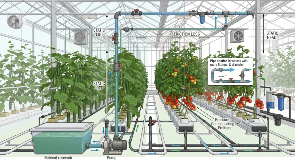 Hydroponic Greenhouse Cucumber and Tomato Production Systems 3 Total dynamic head diagram showing static lift static head and friction loss in hydroponic irrigation