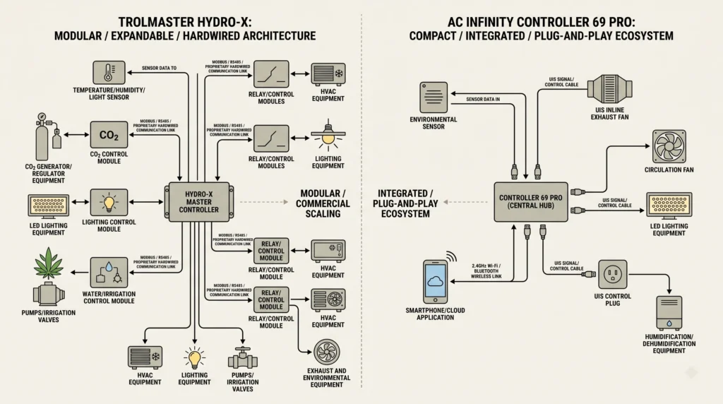 TrolMaster Hydro-X vs AC Infinity Controller 69 Pro: Technical Comparison 1 TrolMaster Hydro-X and AC Infinity Controller 69 Pro system architecture comparison