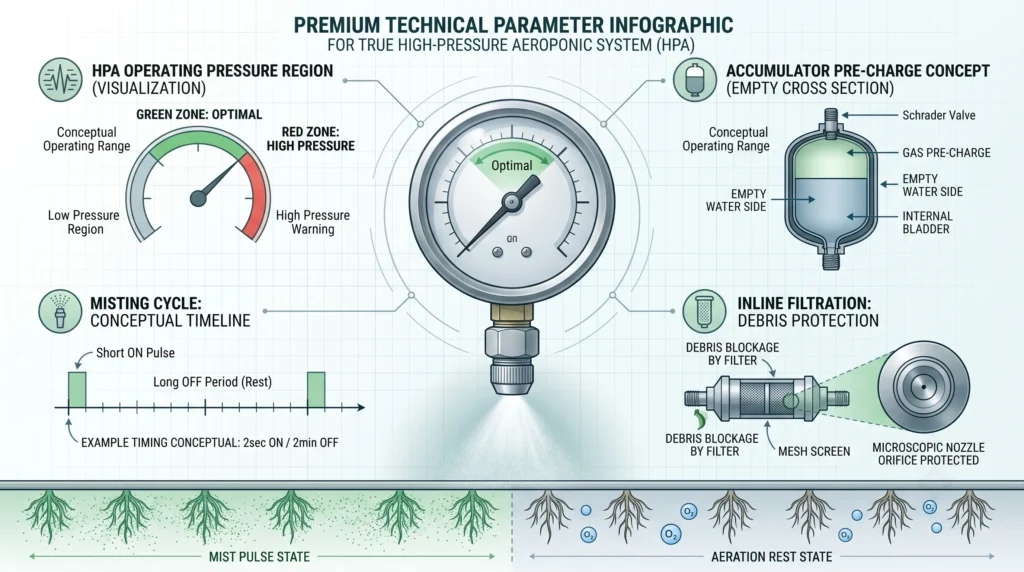 DIY Aeroponic High-Pressure Misting Manifold with 1000 PSI Solenoids: The True HPA Blueprint 9 Visual guide showing high-pressure aeroponic operating pressure, misting intervals, accumulator pre-charge and filtration