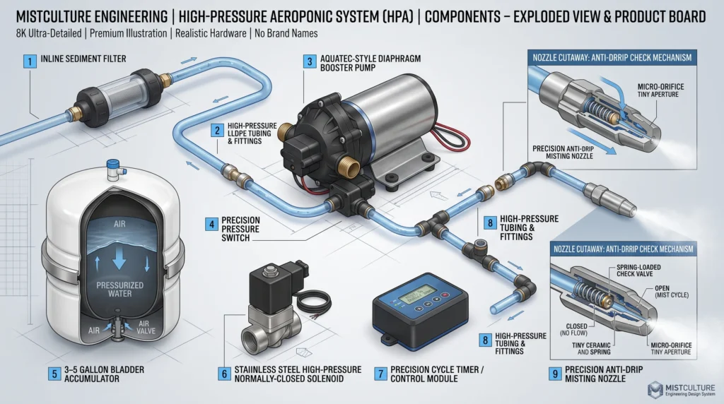 DIY Aeroponic High-Pressure Misting Manifold with 1000 PSI Solenoids: The True HPA Blueprint 2 High-pressure aeroponic components including Aquatec pump, accumulator tank, solenoid valve, filter and misting nozzles