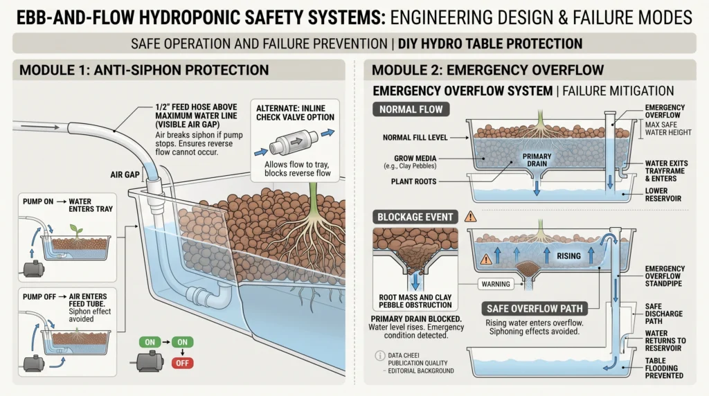 Hydroponic plumbing infographic showing an anti-siphon air gap or check valve and an emergency overflow standpipe in an ebb and flow tray.