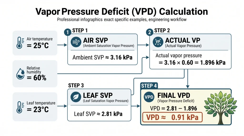 Pulse Pro Environmental Monitor Review: Precision VPD, Light, and CO2 Tracking 5 VPD calculation example showing 25°C air temperature, 60% relative humidity and 0.91 kPa VPD