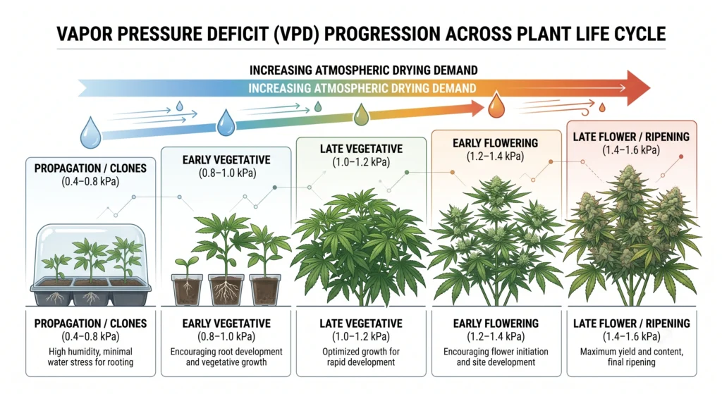 VPD target chart showing recommended vapor pressure deficit ranges across plant growth stages