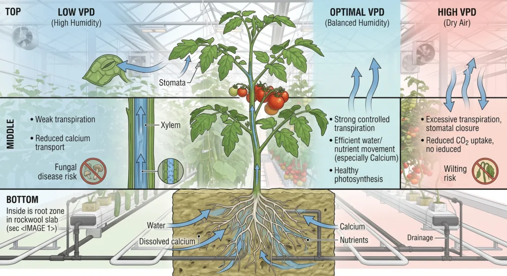 Hydroponic Greenhouse Cucumber and Tomato Production Systems 9 VPD transpiration diagram showing water movement from hydroponic roots through plant leaves