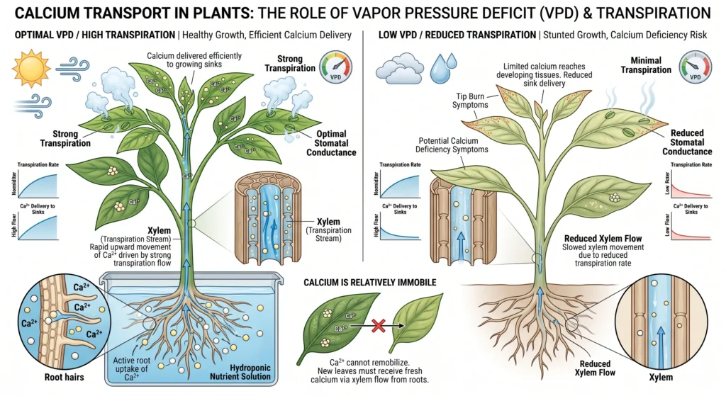 Diagram showing how transpiration and VPD drive calcium transport through plant xylem