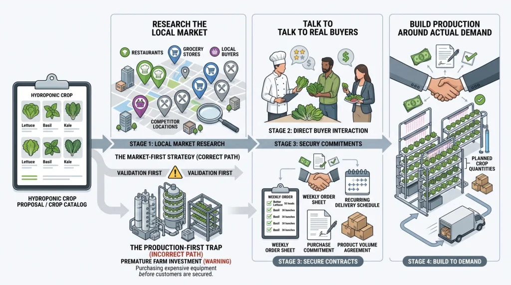 Editorial infographic showing hydroponic growers validating local demand through restaurants, grocery buyers, pricing research, and pre-sell commitments