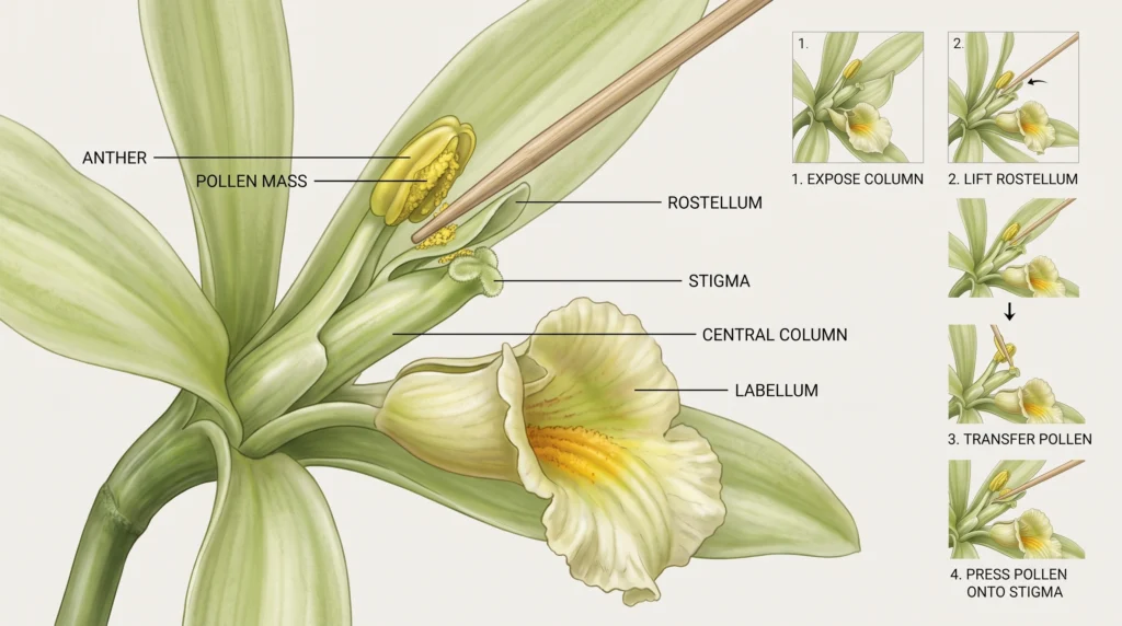 Hydroponic Vanilla Orchids: Vertical Trellising & Hand Pollination 9 Vanilla orchid hand pollination showing anther rostellum and stigma