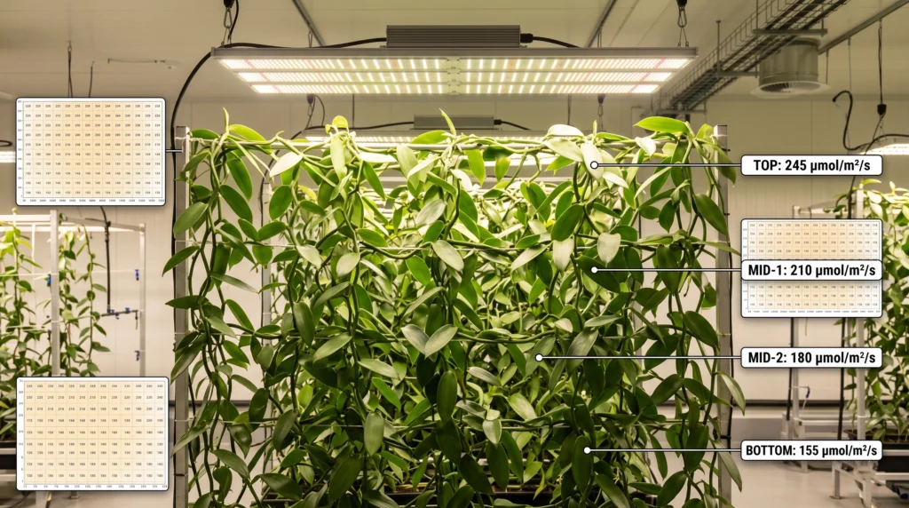Hydroponic Vanilla Orchids: Vertical Trellising & Hand Pollination 8 LED grow light positioned above an indoor vanilla orchid trellis