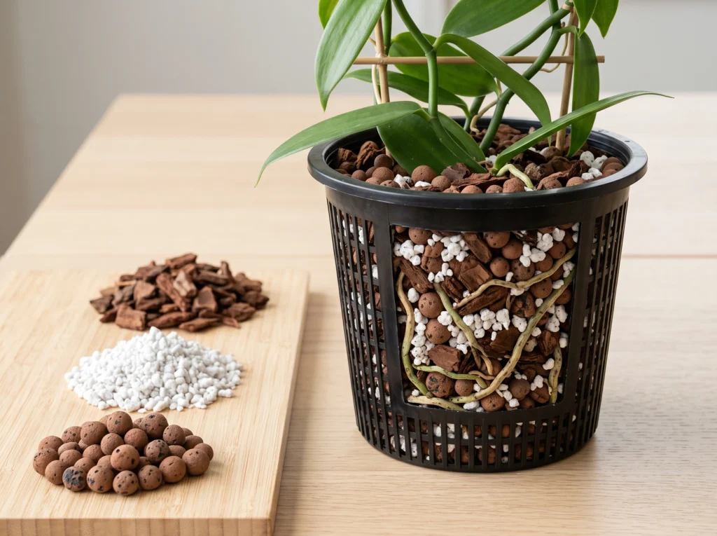 Hydroponic Vanilla Orchids: Vertical Trellising & Hand Pollination 6 Hydroponic vanilla orchid bark perlite and clay pebble growing media