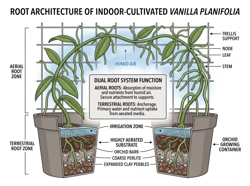 Hydroponic Vanilla Orchids: Vertical Trellising & Hand Pollination 1 Vanilla orchid terrestrial and aerial root system diagram
