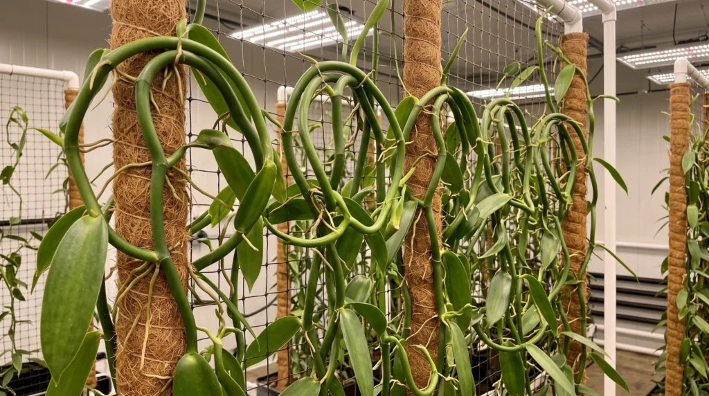 Hydroponic Vanilla Orchids: Vertical Trellising & Hand Pollination 4 Vertical trellis system for training hydroponic vanilla orchid vines