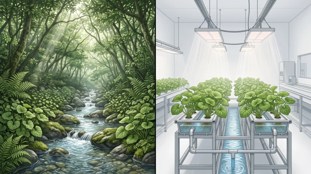 Hydroponic Wasabi Cultivation: Engineering Cold-Water Systems 10 Shade-grown wasabi under controlled low-intensity LED lighting