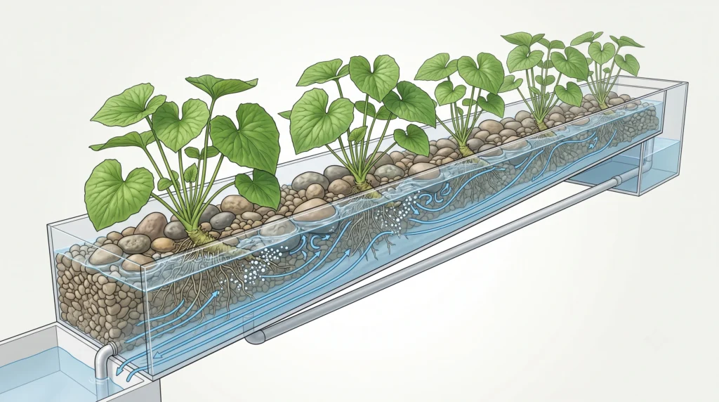 Hydroponic Wasabi Cultivation: Engineering Cold-Water Systems 4 Cross-section of a sloped shallow-stream hydroponic channel for wasabi with flowing nutrient solution and submerged roots