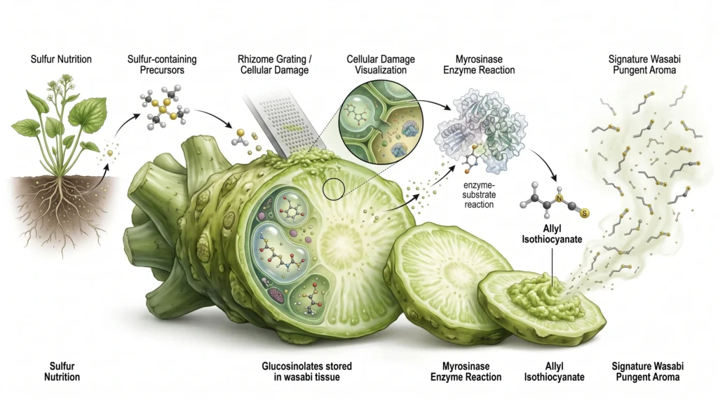 Hydroponic Wasabi Cultivation: Engineering Cold-Water Systems 11 Scientific pathway showing sulfur nutrition, glucosinolates, myrosinase, and wasabi flavor compounds