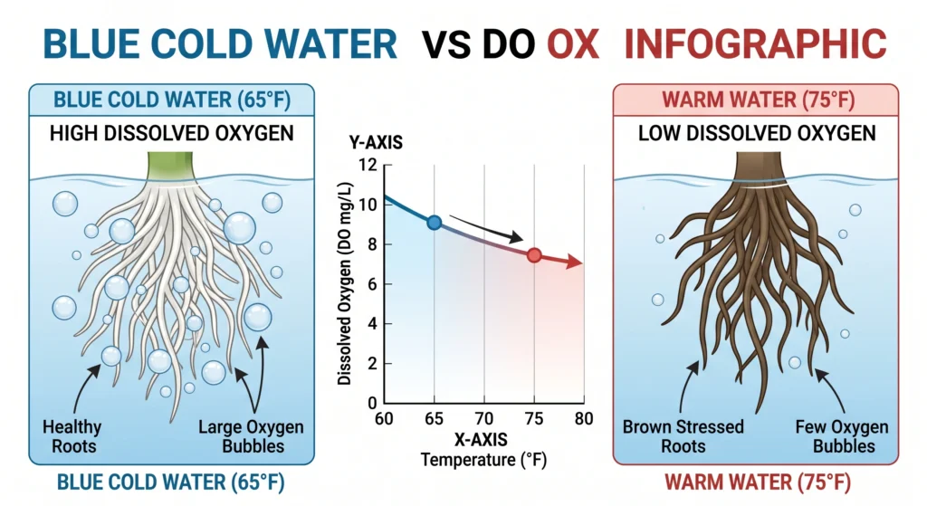Scientific diagram showing dissolved oxygen decreasing as hydroponic reservoir water temperature increases.