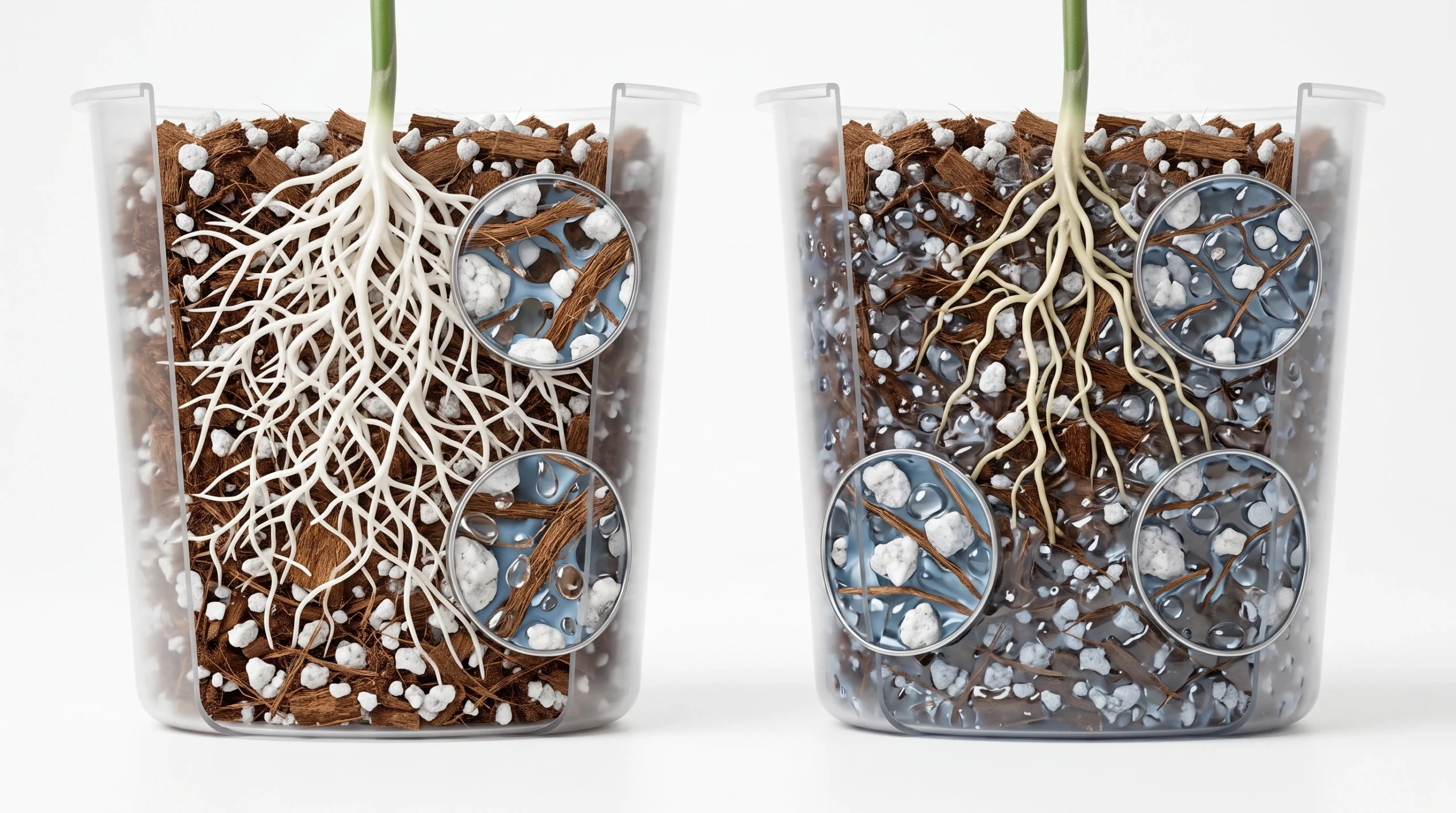 10 Biggest Hydroponic Mistakes Beginners Make (And How to Avoid Them) 3 Cutaway comparison of healthy aerated hydroponic substrate and oversaturated oxygen-depleted root zone