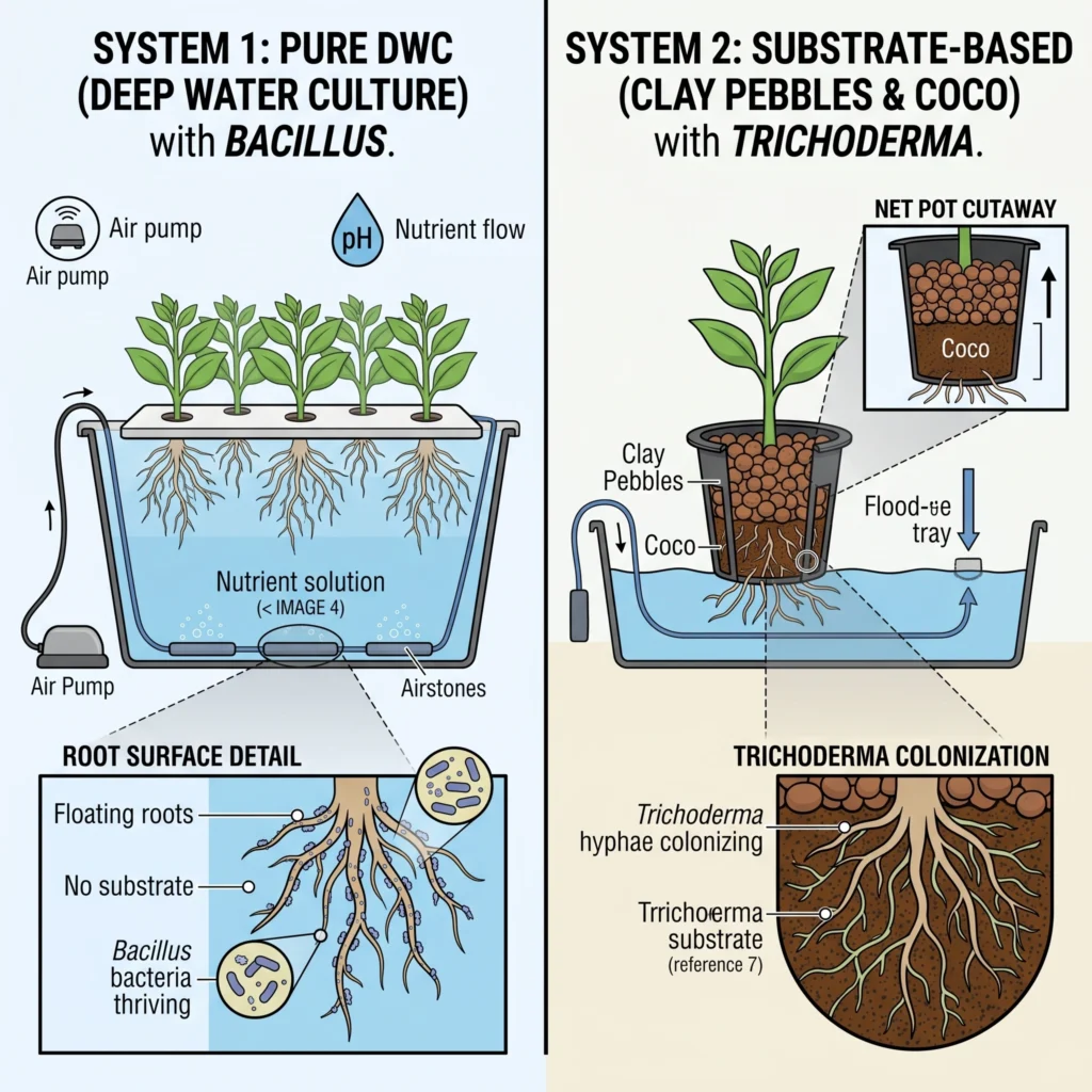 Bacillus vs Trichoderma for DWC: Which Beneficial Microbe Actually Wins? 5 Diagram comparing pure water DWC systems with substrate-based hydroponic systems.