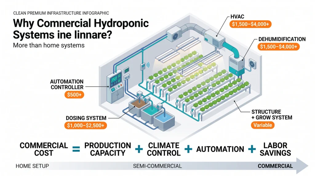 How Much Does a Hydroponic System Cost? Budget Breakdowns for Every Setup 6 Commercial hydroponic cost infographic showing automation, HVAC, dehumidification, nutrient dosing and climate control expenses