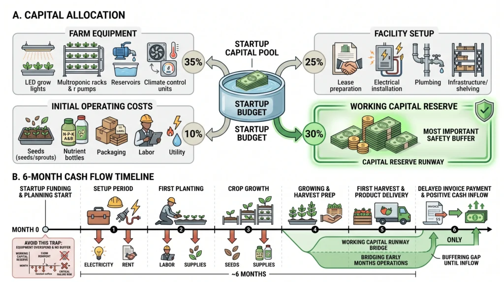 Financial infographic showing hydroponic farm startup capital divided between equipment, facility setup, working capital, and a multi-month cash runway