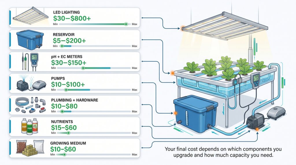 How Much Does a Hydroponic System Cost? Budget Breakdowns for Every Setup 1 Hydroponic system component cost infographic showing reservoirs, growing media, nutrients, meters, pumps, lighting and plumbing with typical price ranges