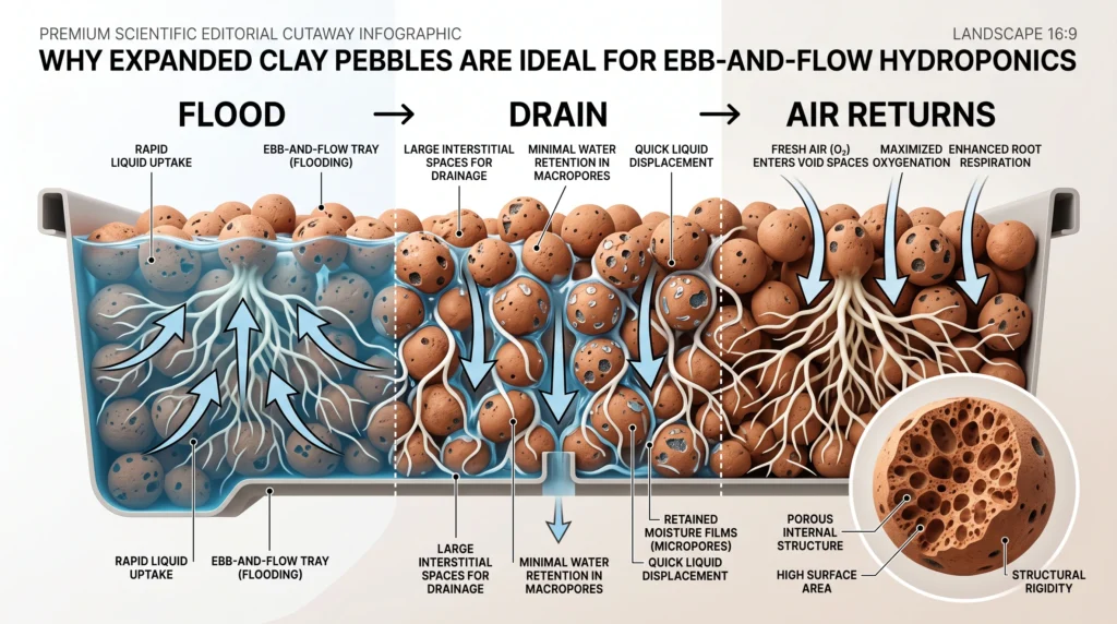 Cross-section infographic showing porous expanded clay pebbles rapidly draining water while retaining moisture and air around hydroponic plant roots.