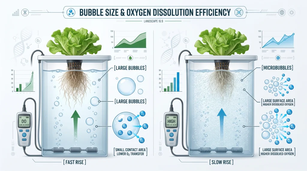 Scientific illustration comparing oxygen transfer efficiency between large bubbles and microbubbles.