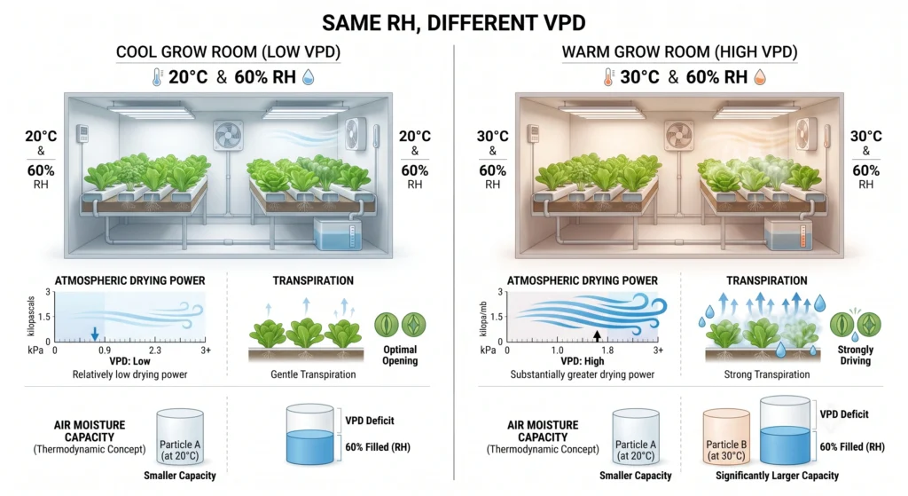 Comparison showing how the same relative humidity produces different VPD at different temperatures