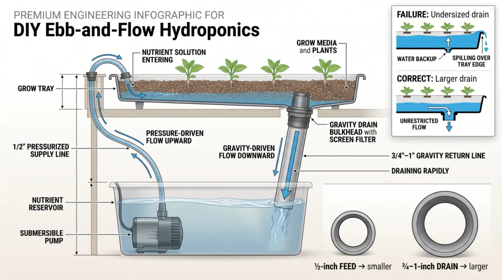 Hydroponic plumbing infographic showing a 1/2-inch pressurized feed line and larger 3/4-inch gravity drain preventing grow tray overflow.