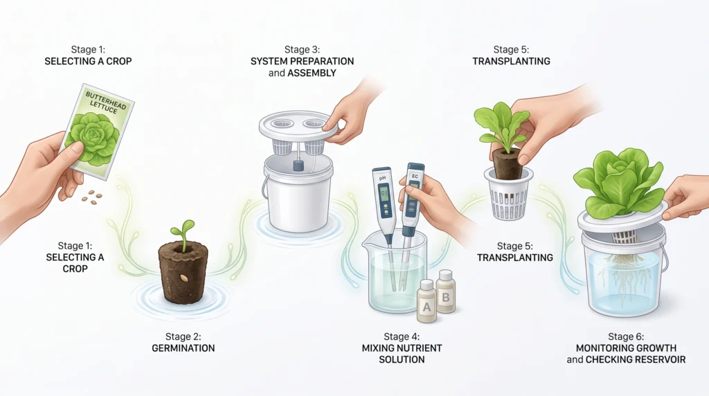 Scientific step-by-step visualization showing crop selection, germination, nutrient mixing, transplanting and daily hydroponic monitoring