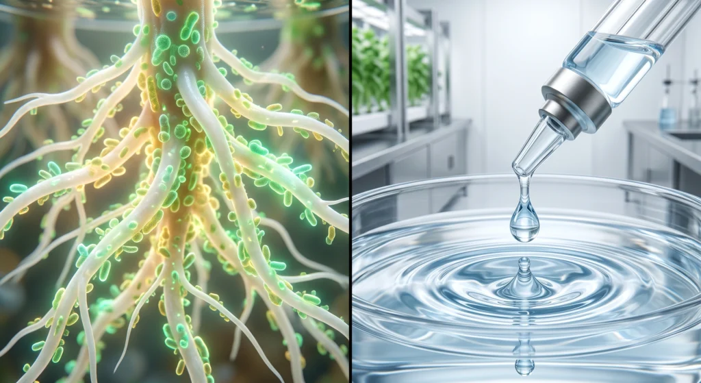 Split conceptual view of beneficial root microbiome biofilm versus sterile hypochlorous acid treatment in a hydroponic system.