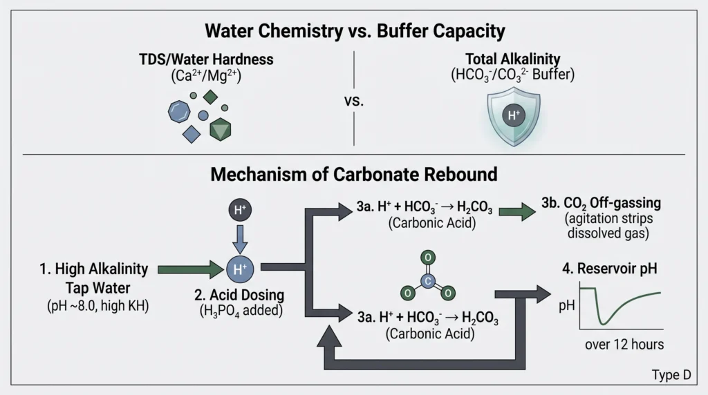 Engineering schematic showing how bicarbonate alkalinity causes temporary pH drops and subsequent rebound.