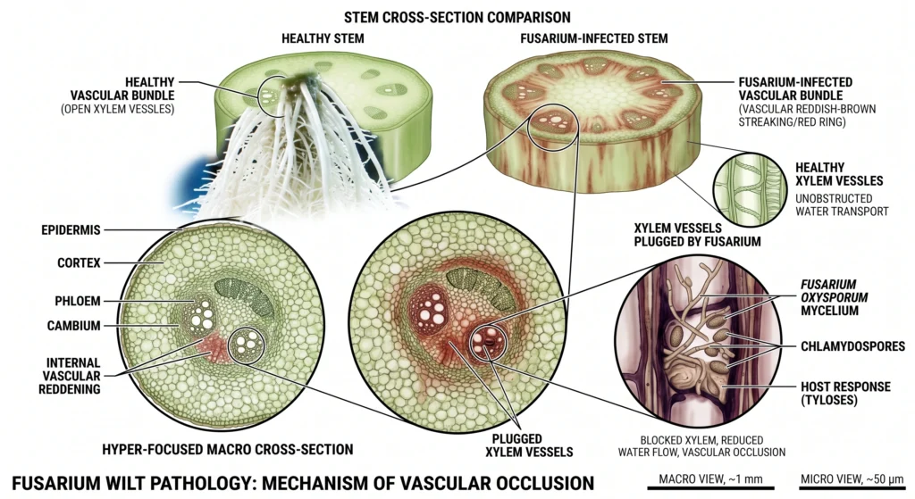 Microscopic scientific illustration showing internal plant stem vascular browning and blocked xylem caused by Fusarium oxysporum infection.