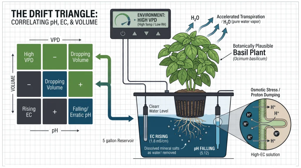 Technical diagram linking high VPD transpiration to reservoir volume drop, rising EC, and erratic pH.