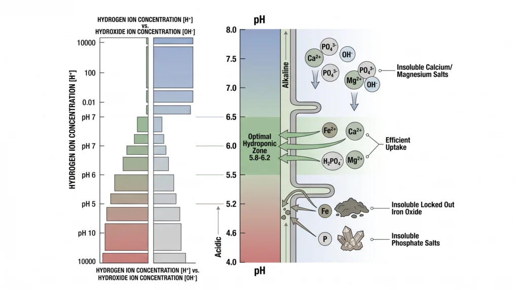 Diagram illustrating nutrient availability and H+ ion concentration across the hydroponic pH scale.