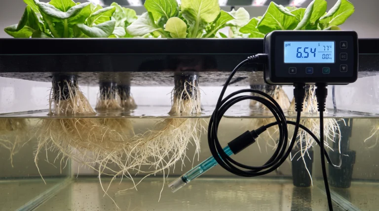 Editorial photo inside a hydroponic reservoir showing a digital monitor reading elevated 6.54 pH.