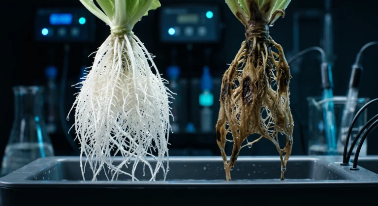 Close-up comparison of healthy white roots versus diseased hydroponic plant roots suffering from advanced Fusarium and Phytophthora root rot.