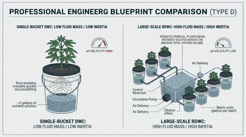 Engineering schematic comparing pH stability of single-bucket DWC versus high-volume RDWC systems.