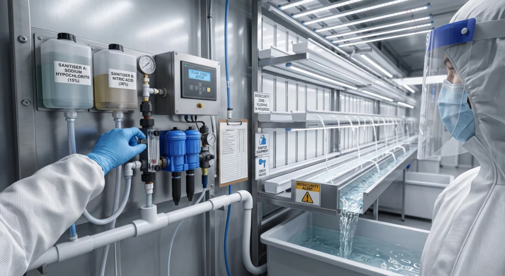 Commercial hydroponic indoor farm system undergoing a rigorous sanitation and biosecurity flush protocol using sterilizing agents.