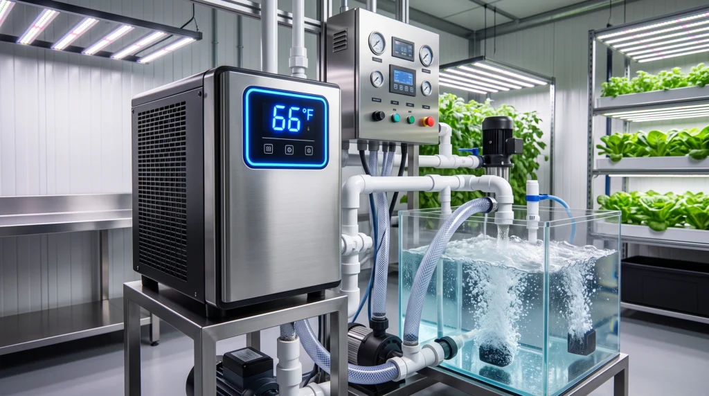 Hydroponic nutrient reservoir setup featuring a digital water chiller and high dissolved oxygen aeration stones to prevent root pathogens.
