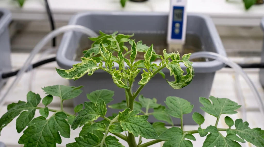 Young hydroponic leaves curling and twisting from pH-driven calcium and nutrient lockout