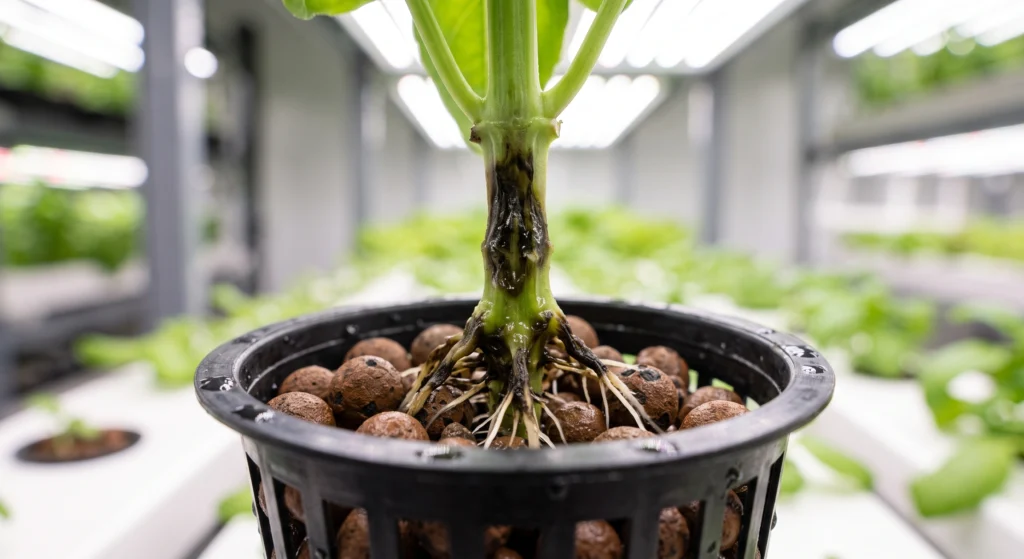 Detailed view of a plant stem base displaying dark, water-soaked black crown lesions characteristic of a Phytophthora root rot outbreak.