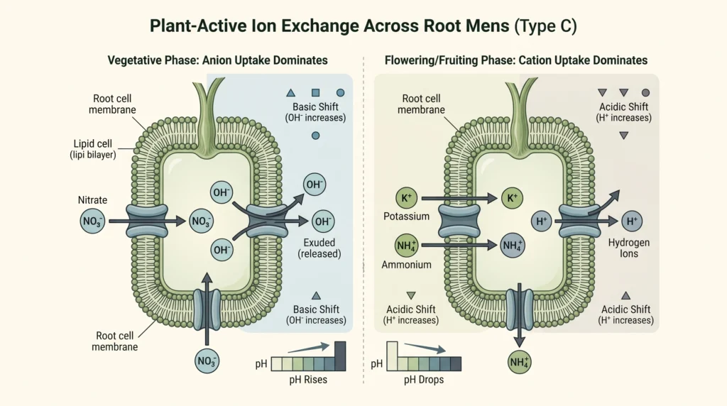 Scientific diagram illustrating root cell anion vs. cation exchange and resulting basic or acidic shifts.