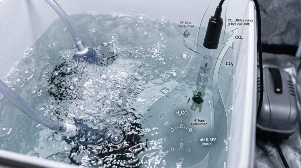 Close-up photo of turbulent DWC reservoir showing CO2 off-gassing and resulting physical pH rise.