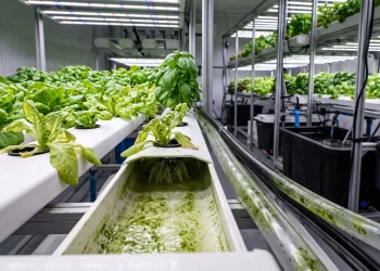 Green algae growing inside exposed NFT hydroponic channels and clear tubing