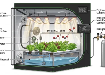 Illustration of a sealed hydroponic grow tent using high PPFD LED lighting, CO₂ enrichment at 1200 PPM, environmental controller, sensors, and optimized airflow for maximum plant growth.